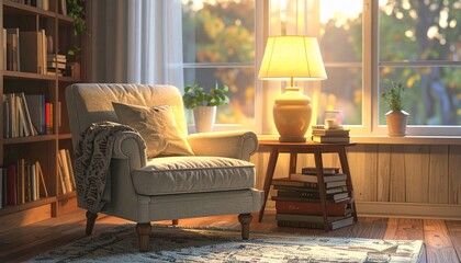 Cozy Reading Nook: Evening Sunlight Illuminates a Comfortable Armchair