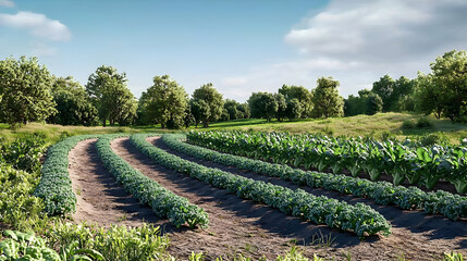 Scenic Rural Farmland With Winding Rows Of Crops Under Sunny Sky