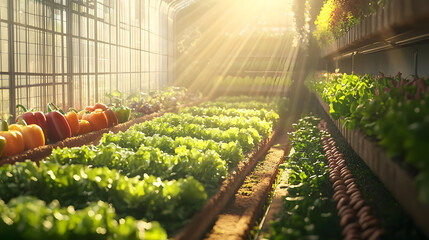Bright Sunlight Illuminates Indoor Greenhouse Growing Fresh Vegetables And Lettuce