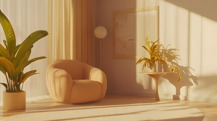 Beige Modern Living Room With Sunlight And Plants