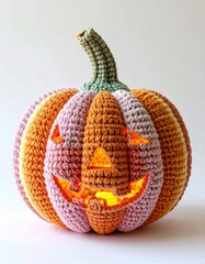 Crochet Pumpkin with Carved Face in Stripes with Warm Light on a White Background