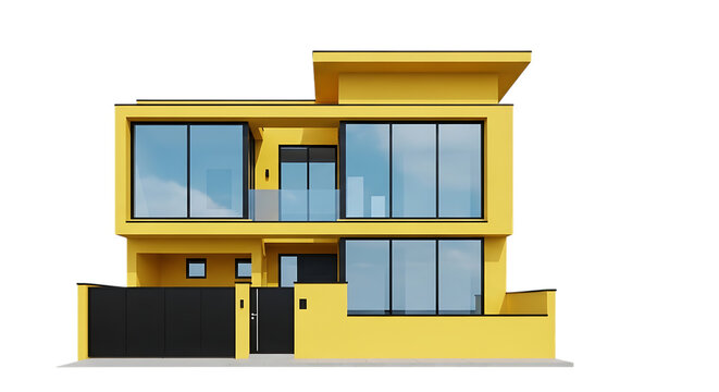 Modern yellow house with large windows and a sleek design, perfect for real estate marketing, architectural presentations, or lifestyle content