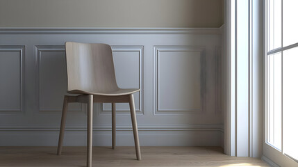 Modern Wooden Chair In Beige Room With Sunlight