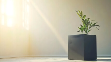 Modern Minimalist Plant In Gray Cube Pot With Sunlight