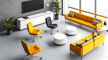 Modern Office Room Interior Design With Yellow Sofas And White Tables