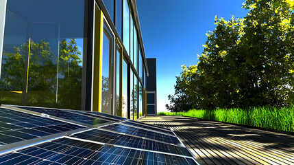 Modern Building Exterior With Solar Panels And Lush Landscaping