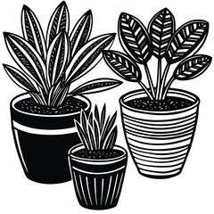 Collection of hand drawn line art illustrations of various plant pots