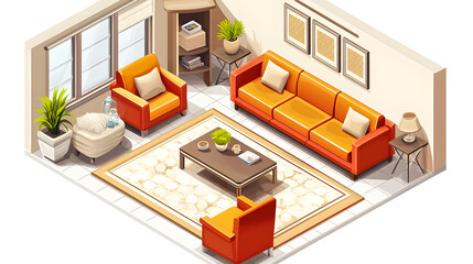 Isometric Living Room Design With Orange Sofa