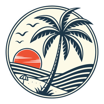 Retro palm tree and sunset badge logo design with vintage aesthetic and vibrant colors