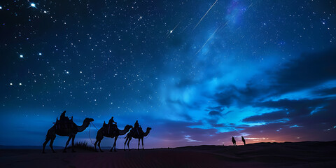 Three figures on camels travel across a desert under a vast starry night sky.