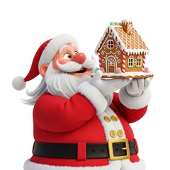 Santa Claus Holding Gingerbread House with Candy Decoration in White Background