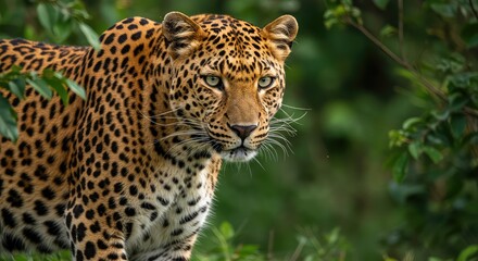 Obraz premium Majestic leopard emerges from lush green foliage, its piercing gaze and striking spotted coat exuding raw power and untamed beauty in this captivating wildlife portrait.