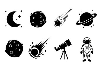 Vector illustration of various space-related icons, including moon, planets, comets, telescope, and astronaut.