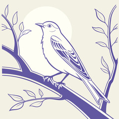 Minimalist illustration of a single bird perched gracefully on a slender tree branch