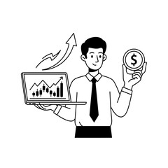 Businessman holding coin and laptop with stock chart