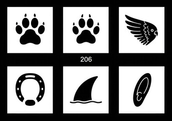 Six black and white icons representing animal tracks, wings, a horseshoe, a shark fin, and a surfboard.
