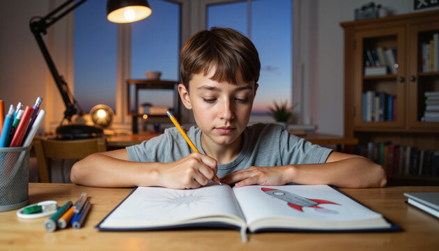 Determined boy drawing rocket in study room at dusk, creative expression - Powered by Adobe