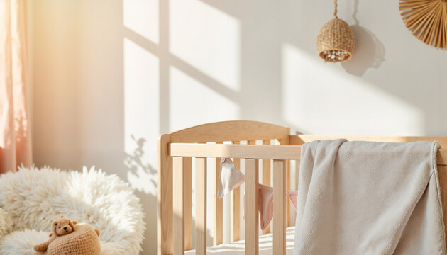 Cozy nursery crib with soft textures and natural light, tranquil ambiance