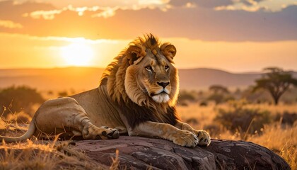 Majestic Lion at Sunset in the African Savanna