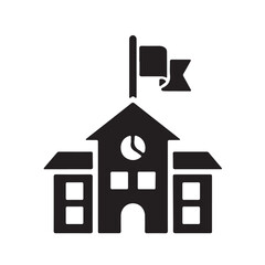 School Building Icon with Flag and Clock