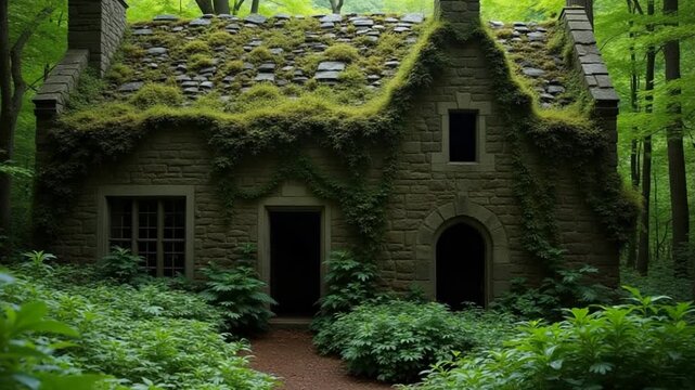 ruined ancient stone house overgrown with plants and ferns in dense green forest