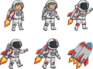 Cartoon astronauts flying with jetpacks and rocket ship in space, playful vector illustration for kids, games, and educational content
