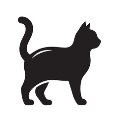 Black Cat Silhouette Standing in Profile, Isolated on a White Background