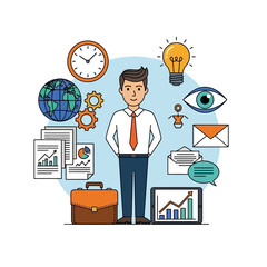 Business man with icons representing strategy, planning, and success