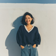 네이비색 브이넥 블라우스 패션 한국 여성