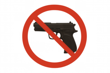Prohibition sign blocking handgun, symbolizing gun control and peaceful conflict resolution on transparent background