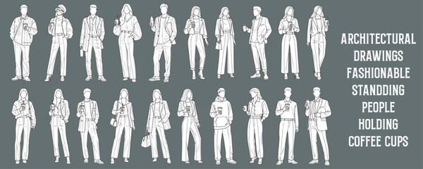 Architectural Drawings ashionable modern standding people holding coffee cups, bottles, or drinks, trendy outfits vector illustration,  front view, human person Minimal style hand drawn. 