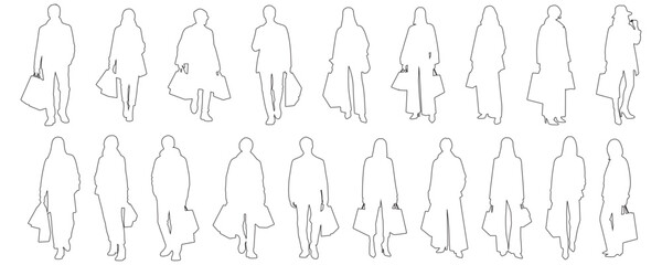 Architectural Drawings stylish people carrying shopping bags, street fashion outfits outline vector illustration, front view, human person Minimal style hand drawn. Sections, Elevations, Floor Plans © MkJutt