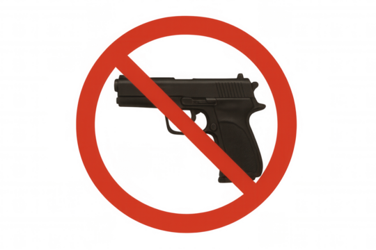 Prohibition sign blocking handgun, symbolizing gun control and peaceful conflict resolution on transparent background - Powered by Adobe