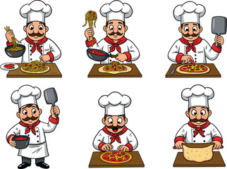 Cartoon Italian chef characters cooking pizza and pasta in various poses, playful vector illustration for culinary, restaurant, and food preparation themes