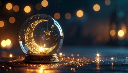 Golden crescent moon and star ornament inside glass globe with sparkling lights bokeh.