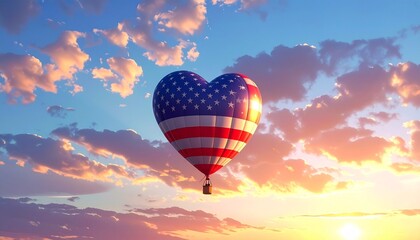 Heart-shaped hot air balloon with American flag design at sunrise — soaring patriotism, symbolic love, serene ascent.