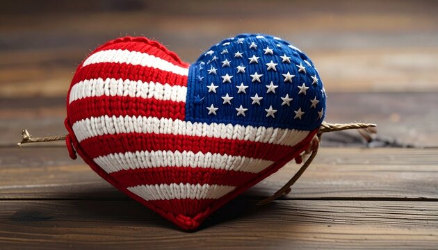 Knitted heart with American flag pattern on tree — tender patriotism, handmade unity, natural tribute.