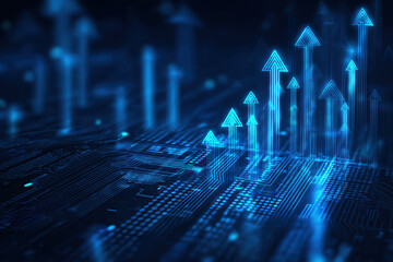 Circuit board background with upward arrows and growth bars, holographic glow lines for business presentation style