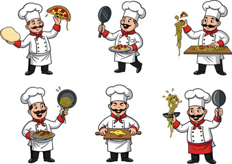 Cartoon Italian chefs cooking pizza and pasta in various poses, playful vector illustration for culinary, restaurant, kitchen, and food preparation themes