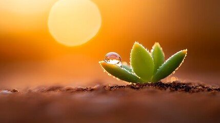 A delicate succulent seedling emerging from the soil bathed in the soft warm glow of the sun s rays in a serene minimalist natural setting