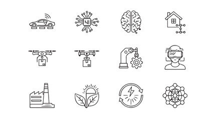 Collection of technology and innovation icons in a distinctive silhouette style