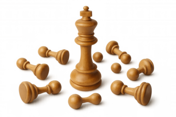 Chess king towering over fallen pawns, symbolizing strategic dominance and leadership on transparent backdrop
