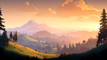 Breathtaking mountain landscape bathed in warm sunset light with a lush forest in the foreground and rolling hills in the distance
