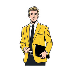 Young businessman in a yellow suit holding a laptop