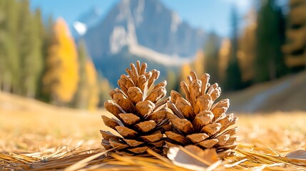 Detailed close up view of golden brown pine cones resting on the ground amidst fallen leaves and branches in an autumnal forest landscape