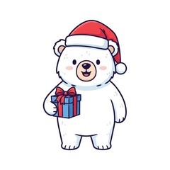 Cartoon Polar Bear in Santa Hat Holding Blue Christmas Gift Box on White Background
