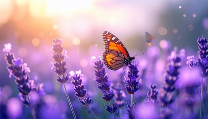 Monarch Butterfly on Lavender Field at Sunset