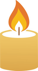 Lit candle with orange and yellow flame on white background
