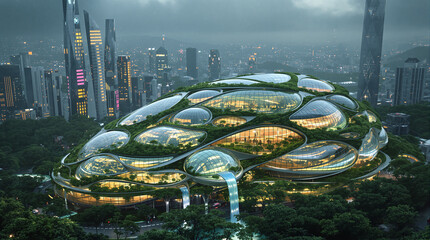 Futuristic Green Cityscape with Organic Architecture and Waterfalls