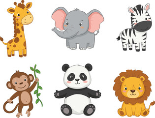 Obraz premium Cute cartoon jungle and zoo animals including giraffe, elephant, zebra, monkey, panda, and lion, playful vector illustration for children’s education